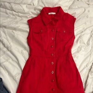 Red Sleeveless denim Button-Up Dress